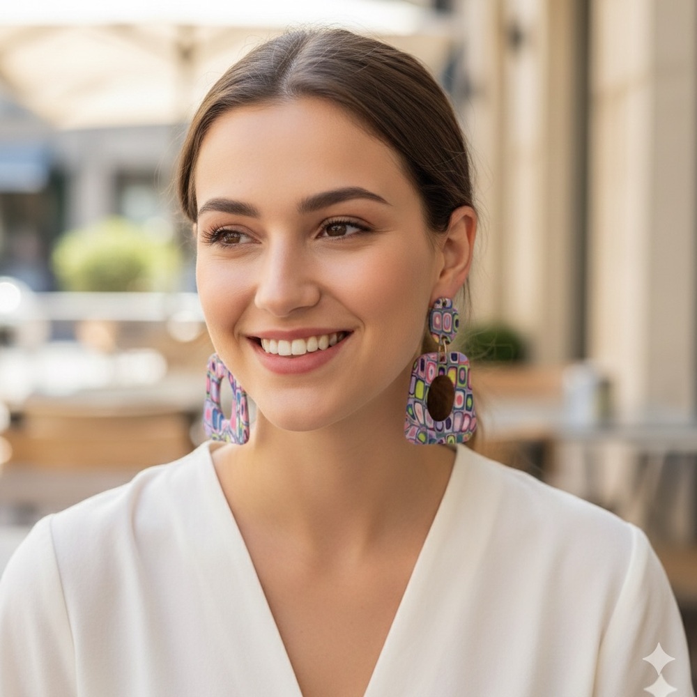 Handmade Geometric Dangle Earrings –Bold, Artsy, Handmade Polymer Clay Host Pick